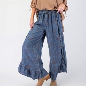 EASEL PLUSPatterned100%Tencel Washed Denim Patterned Print Chambray Pants 1XL